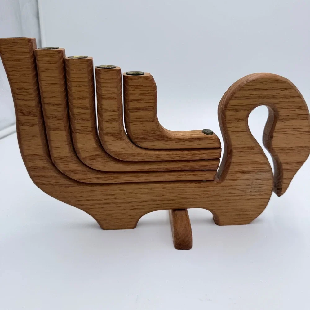 Vintage Wooden Swan Candelabra MCM Swivel Fan Candle Holder 5-Light Sculptural
